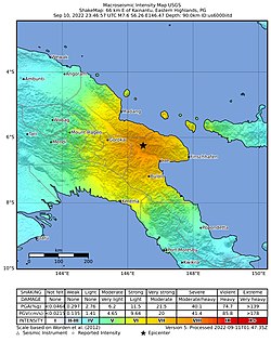 A rengés intenzitása az USGS térképén