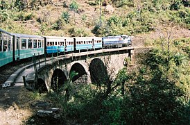 Train crossing a bridge on a curve