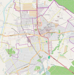 Mapa konturowa Piaseczna, blisko centrum na dole znajduje się punkt z opisem „Piaseczno Miasto Wąskotorowe”