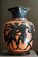 Dispute between Ajax and Odysseus for Achilles' armour. Attic black-figure oinochoe, c. 520 BC. Kalos inscription. H. 20 cm (7+3⁄4 in), diam. 13.7 cm (5+1⁄2 in).