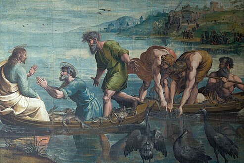 Raphaël. Carton pour tapisserie : La Pêche miraculeuse (1515). Couleurs sur papier, monté sur toile, H. 3,20 m. Victoria and Albert Museum.