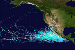 Map plotting the track of all known Category 1 Pacific hurricanes from 1949 to 2018 in the central and eastern Pacific basins according to the Saffir-Simpson scale