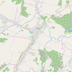 Mapa konturowa Mirska, w centrum znajduje się punkt z opisem „Ratusz w Mirsku”