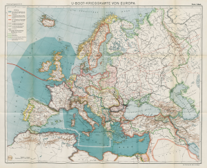 Німецька карта з позначенням регіонів в Атлантичному океані та Середземному морі, де активно діяли німецькі субмарини під час війни