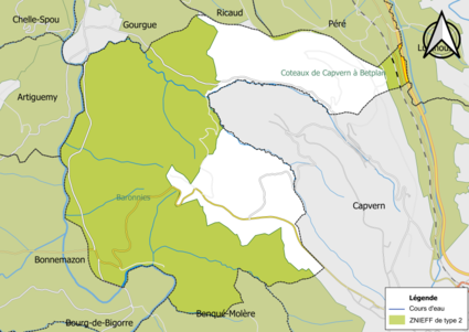 Carte des ZNIEFF de type 2 sur la commune.