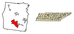 Location of Dickson in Dickson County, Tennessee.