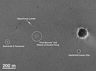 Mars Global Surveyor photograph of Opportunity rover's landing site showing "hole in one."