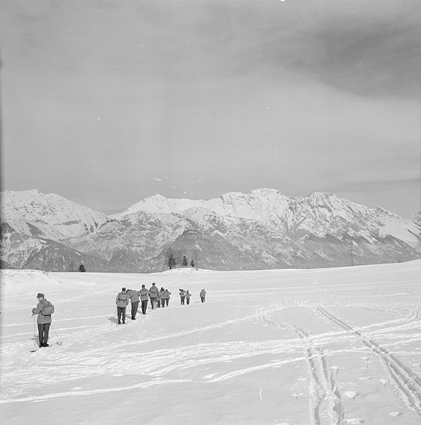 File:Tiroler Jägerbataillon met vaandrig Hans Klupper op oefening, Bestanddeelnr 254-4386.jpg