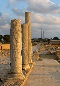 Columns of Caesarea vs. chimneys of Orot Rabin Photograph: Shlomo-R Licensing: CC-BY-SA-4.0