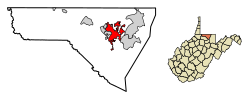 Location of Morgantown in Monongalia County, West Virginia.