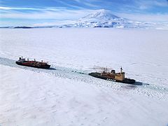 American Tern being led into McMurdo Station, Antarctica, by the Russian icebreaker Krasin during Operation Deepfreeze, 2006