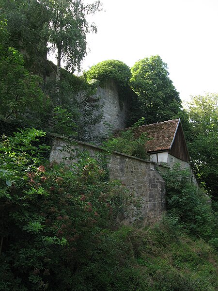 File:Bühlertann, Tannenburg, Blick nach NW schräg über den innersten Halsgraben zur Schildmauer.JPG