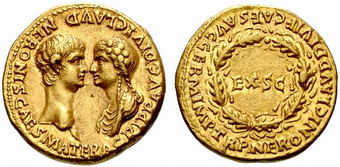 Aureus des Jahres 54 mit Claudius und Agrippina