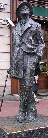 Bronze statue of Joyce standing in a coat and broadbrimmed hat. His head is cocked looking up, his left leg is crossed over his right, his right hand holds a cane, and his left is in his pants pocket, with the left part of his coat tucked back.