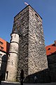 Il bergfried della fortezza Rosenberg del XIII secolo con una stretta torre a scalinata, aggiunta nel 1571 sul lato sud. Fino ad allora la torre aveva solo un ingresso sopraelevato a circa 12 metri dal suolo.