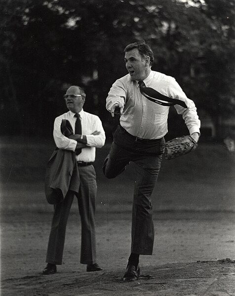 File:Mayor Raymond L. Flynn playing baseball. Parks Commissioner Patrick Harrington in back. (9501944801).jpg