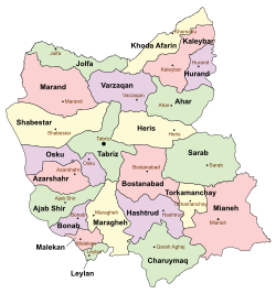 Location of Azarshahr County in East Azerbaijan province (center left, pink)