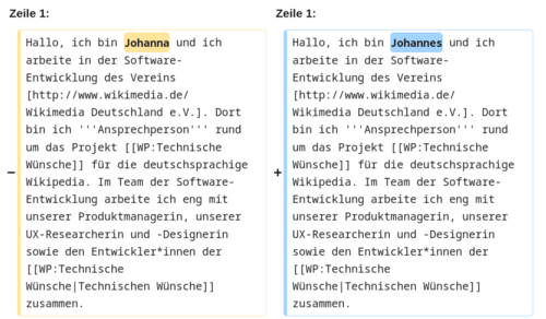 Bildschirmfoto eines Versionsvergleiches, auf dem sich der Name Johanna zu Johannes ändert