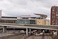 View of the commuter platform in front of the nearly-complete Target Field. The upper light-rail platforms are obscured by bridges.