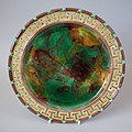 Mottled coloured glazes Victorian majolica, c. 1865, border in Greek key style