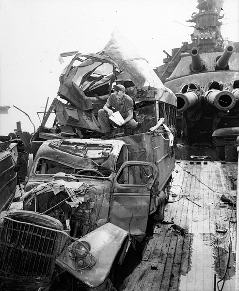 File:Wrecked vehicle aboard the battleship USS Nevada (BB-36) following the Crossroads Able atomic test, July 1946 (146763104).jpg