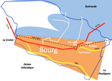 Schéma montrant l’implantation d’une ville bordée par la mer et des marais.