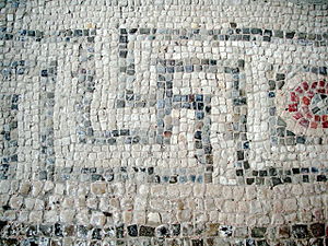 Roman meander on a mosaic from the Chedworth Roman Villa, England, unknown architect, c. 120 AD