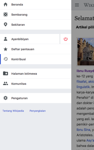 Screenshot of Advanced mobile contributions main menu updates on Indonesian Wikipedia