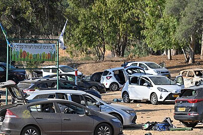 Abandoned and damaged cars parked at the festival (12 October). Most of the vehicles ultimately ended up at The Car Wall in Tkuma.