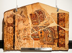 Ancient Greek metope with three women that have meanders on their clothes, c.640 BC, terracotta, National Archaeological Museum, Athens