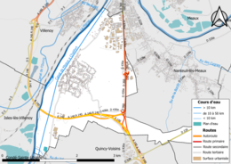 Carte en couleur présentant le réseau hydrographique de la commune