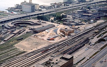 John Street Roundhouse (left) in 1973. The roundhouse on the right was CNR Spadina Roundhouse, which was demolished. Rogers Centre stands in its place.