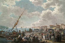 Painting shows crowds of people dressed in early 1800s clothing getting off horse-drawn carriages near the sea.