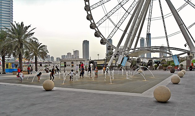 Small fountains near Eye of the Emirates at Al Qasba, Sharjah, United Arab Emirates.