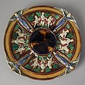 Coloured glazes majolica Angels dessert plate, c. 1867, Revivalist in style