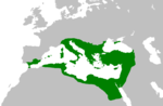 Bizantziar Inperioa bere goren aroan Justiniano I.aren garaian, 550. urtean (ezkerreko mapa). Otomandarren konkistak hark utzitako hutsunea bete zuen hein handi batean (eskuineko mapa).[15]