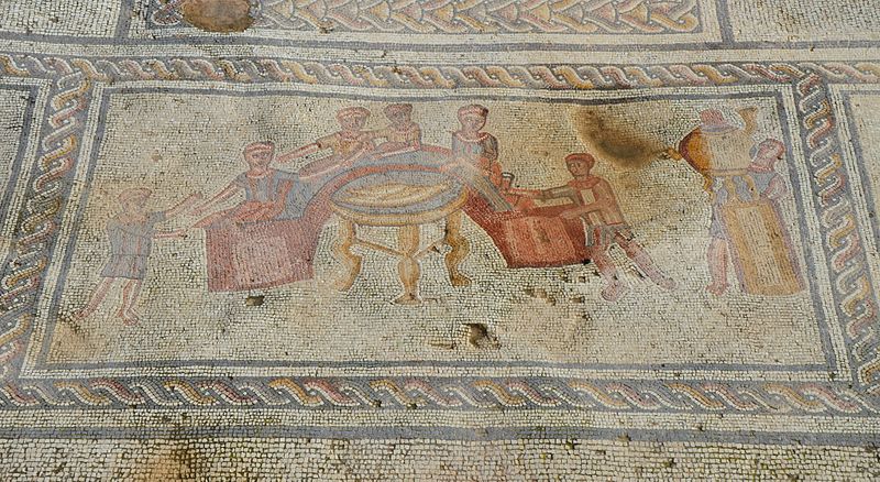 File:Panel depicting a banquet, T-shaped mosaic in the triclinium of The House of Orpheus containing four panels arranged for viewing from the south, Sepphoris (Diocaesarea), Israel (15665835360).jpg