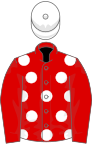 Red, white spots on body, white cap, black hoop