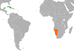 Mapa indicando localização de Cuba e da Namíbia.