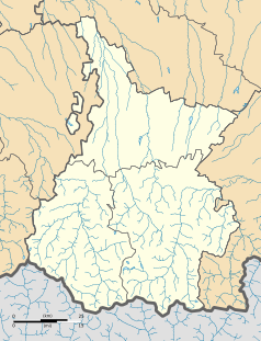 Mapa konturowa Pirenejów Wysokich, w centrum znajduje się punkt z opisem „Bagnères-de-Bigorre”