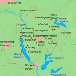 Karte von Radevormwald mit den wichtigsten Ortsteilen