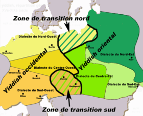 Mapa des dialèctos yidich·e entre-mié lo XVémo et lo XIXémo siècllo.