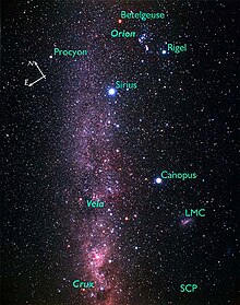 Un campo de estrellas contra el fondo de la Vía Láctea con las estrellas y constelaciones prominentes etiquetadas.