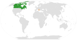 Map indicating locations of Canada and Vatican City