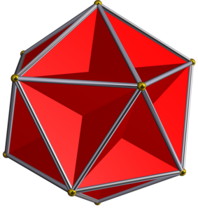 Den "stora dodekaedern" är en av Kepler–Poinsot-polyedrarna. De "äkta" kanterna och hörnen är markerade i silver respektive guld. De tolv "äkta" sidorna är regelbundna femhörningar.[2]