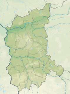 Mapa konturowa województwa lubuskiego, blisko centrum na dole znajduje się czarny trójkącik z opisem „Góra Wilkanowska”