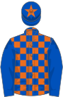 royal blue and orange check, royal blue sleeves, royal blue cap, orange star