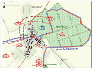 Colour map image depicting town and wood to the right of the town. Shows main access routes and positions of Allied and German forces on 16 July 1916