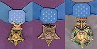 Three medals, side by side, consisting of an inverted 5-pointed star hanging from a light blue ribbon with 13 white stars in the center. Medal on the left has a laurel wreath around the star and an eagle emblem above the star, middle medal has an anchor emblem attaching the medal to the ribbon, rightmost medal has a laurel wreath around the star and an emblem with wings, lightening bolts, and the word "VALOR" connecting the medal to the ribbon.