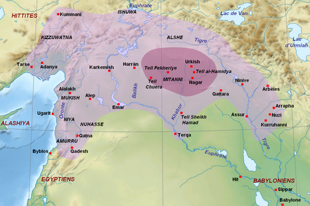 Carte représentant les limites approximatives des territoires soumis au royaume du Mittani à son apogée avant les offensives égyptiennes.